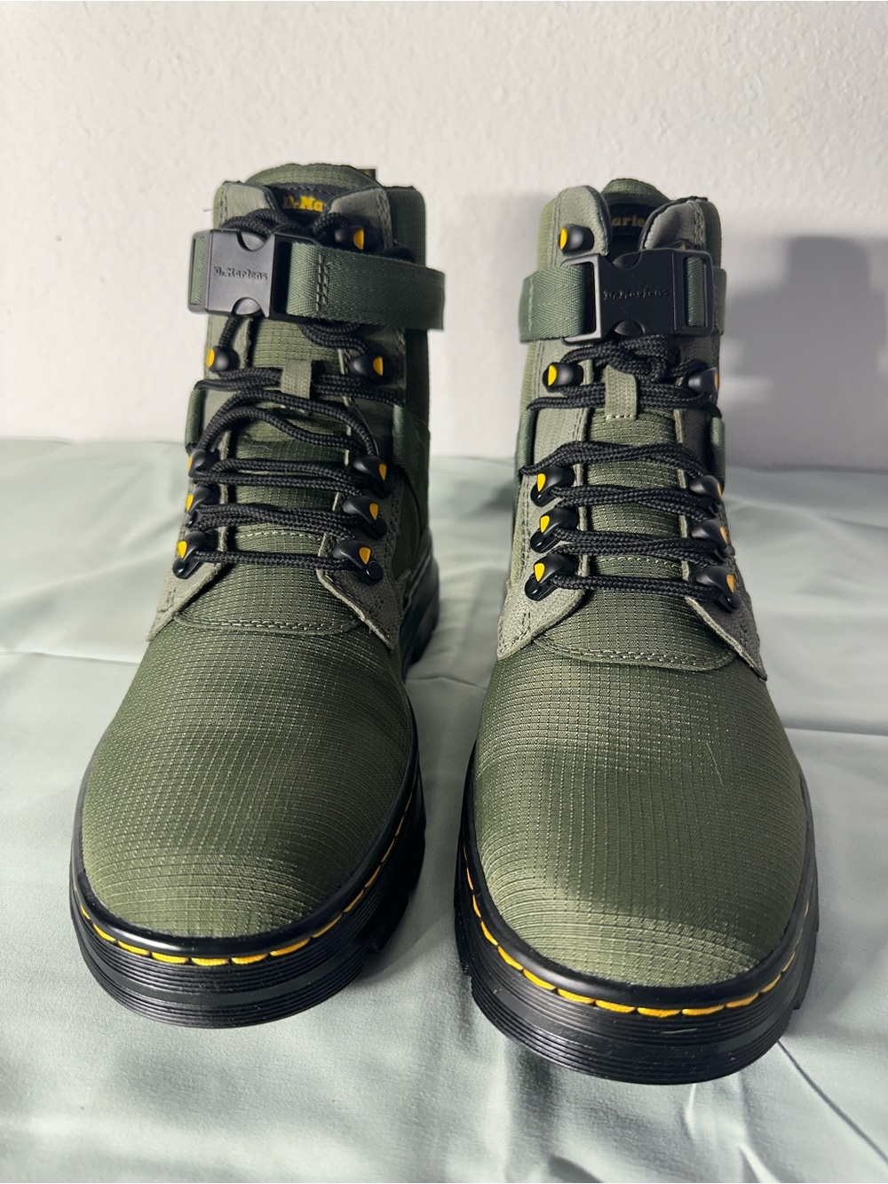 Dr. Martens Olive Green Lace-Up Ankle Boots with Yellow Stitching